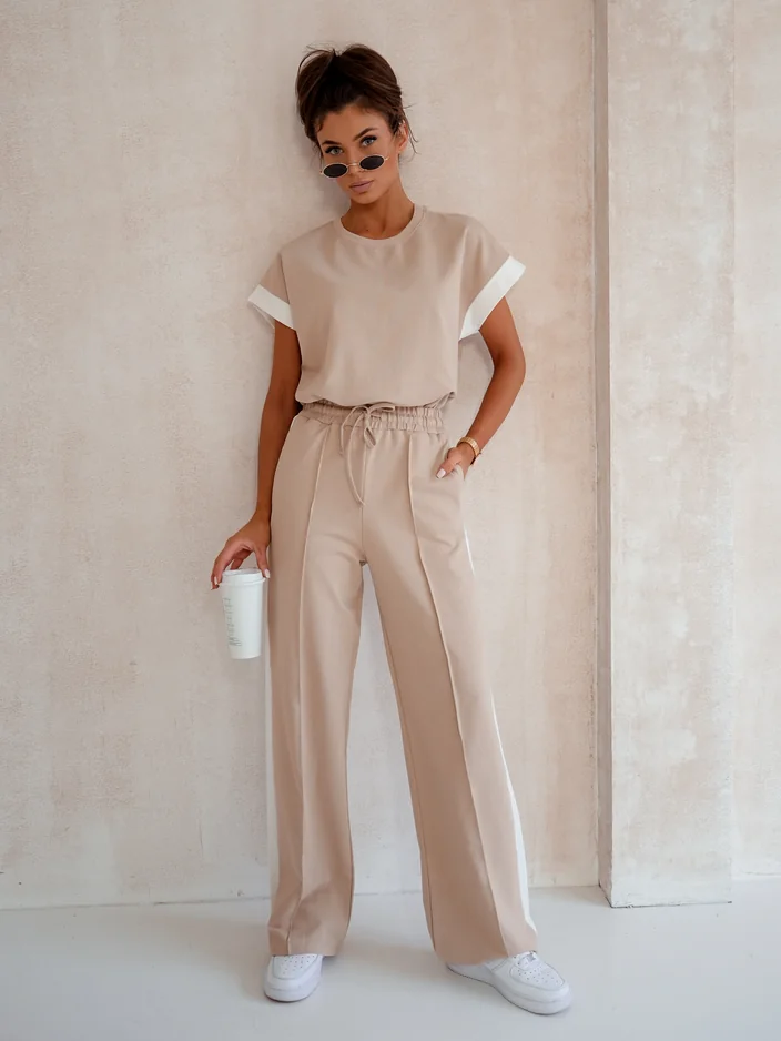 Royalfashion Women's Cotton Set with Short Sleeves and Flared Pants