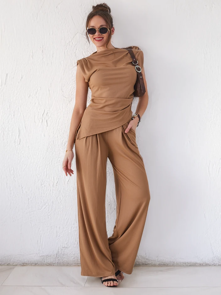 Royalfashion Women's ribbed set with an asymmetrical sleeveless blouse and flared pants