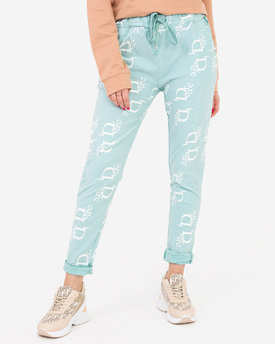 Mint fabric women's trousers with inscriptions - Clothing