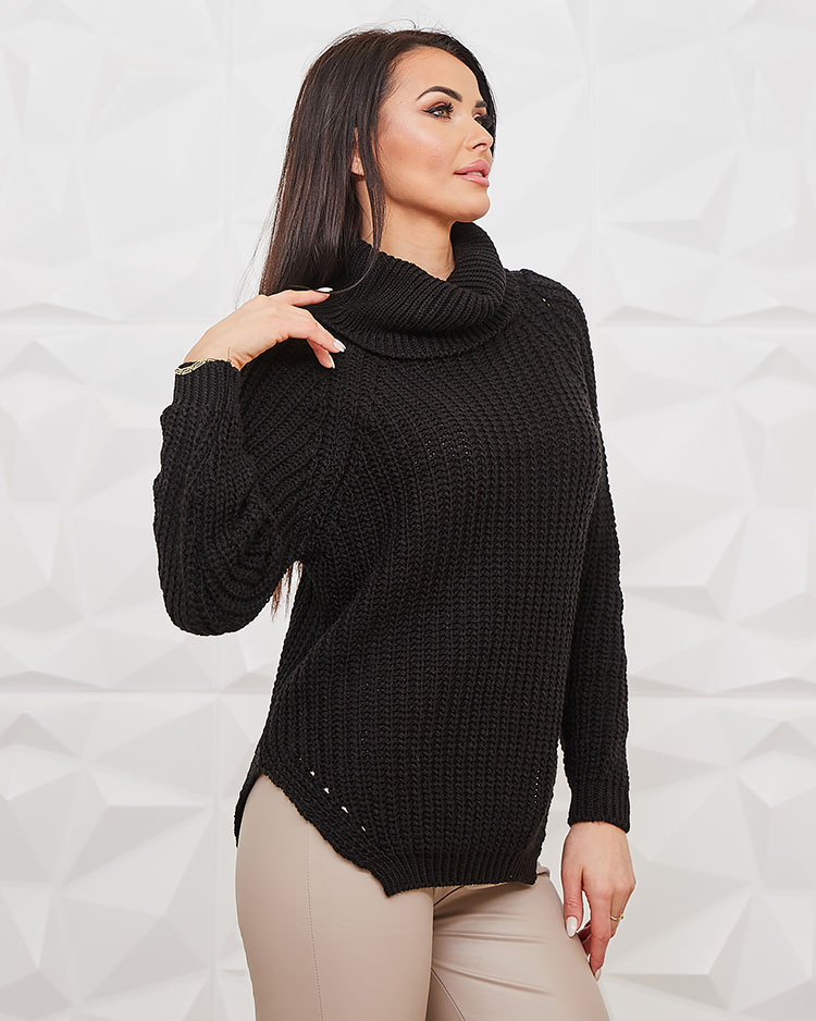 Royalfashion Melns sieviešu džemperis ar augstu apkakli