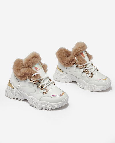 Royalfashion White women's sports sneakers with fur Wicallen