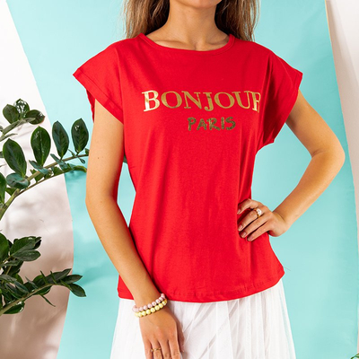 Women's red cotton t-shirt with print - Clothing