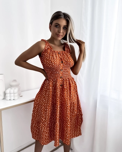 Women's knee-length dress with print in orange- Clothing