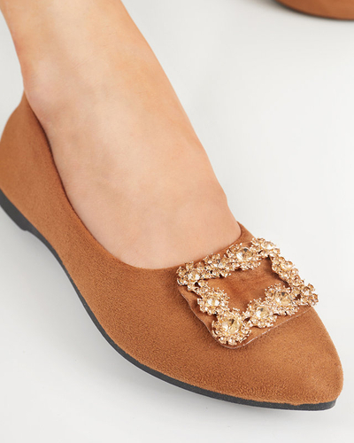 OUTLET Brown women's eco-suede ballerinas with Linselis decoration - Footwear