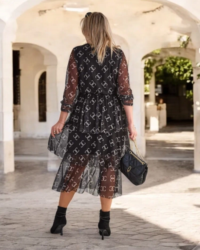 Royalfashion Melna sieta midi kleita ar apdruku