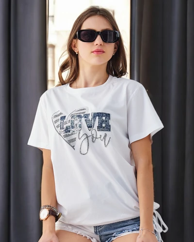 Royalfashion Women's Cotton T-shirt LOVE with Rhinestones