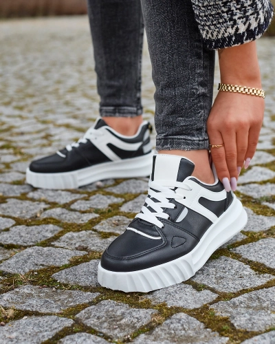 Eco-leather women's black casual sports shoes with white inserts Netiris - Footwear
