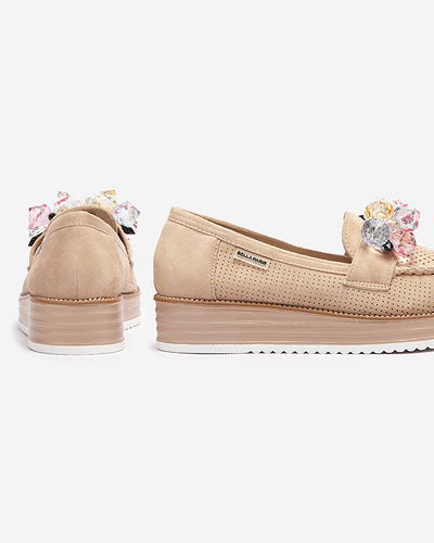 Light brown women's moccasins with decorative crystals Liscutio- Footwear