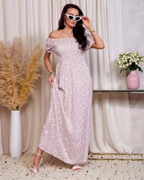 White and pink floral women's maxi dress a'la hiszpanka- Clothing