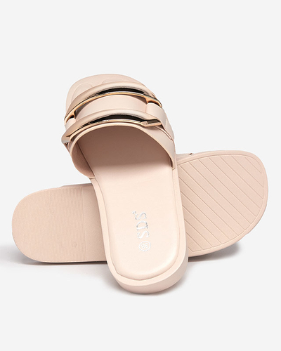 Beige women's slippers with a large golden ornament Kedino - Footwear