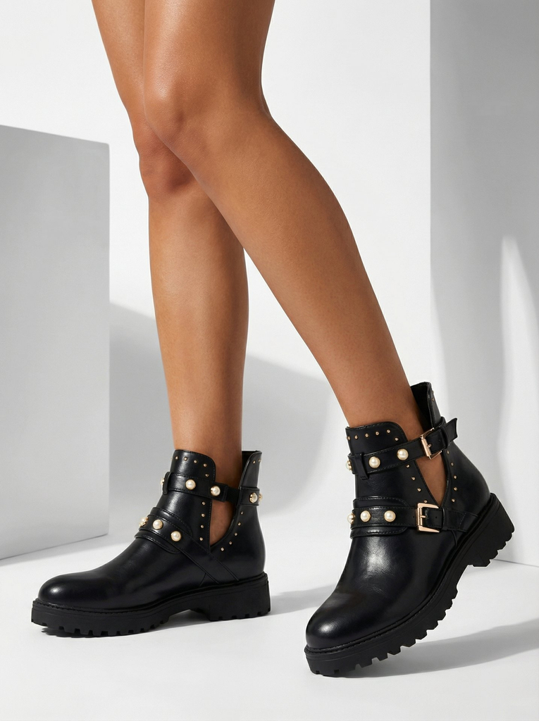 Royalfashion Черные женские украшенные сапоги на плоском каблуке Pearl Elegance