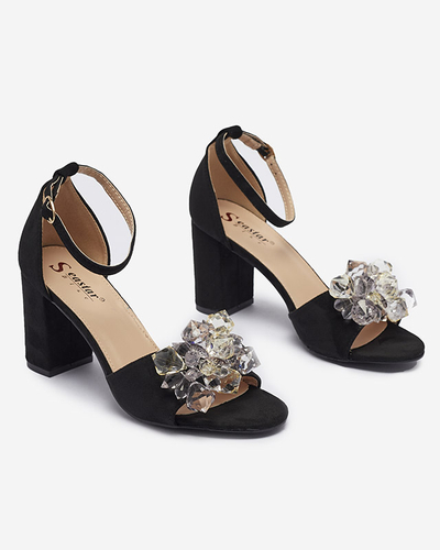 Women's sandals on a post with decorative crystals in black Berlogo- Footwear