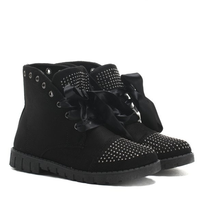 Czarne botki zamszowe wiązane wstążką - Obuwie