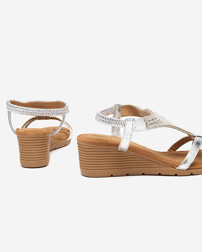 Silver women's sandals with cubic zirconias on a wedge Amuni - Footwear