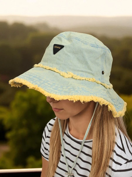 Kapelusz słoneczny damski Aristea pastel dżins z żółtą lamówką boho