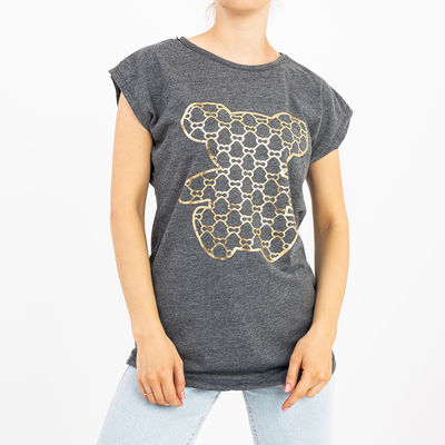 Dark grey women's t-shirt with gold print - Clothing
