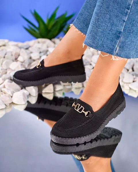 Royalfashion Черные женские мокасины из ткани с золотым украшением Ertica