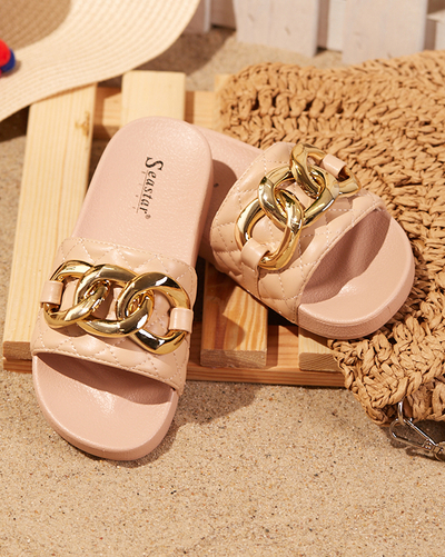 Sieviešu bēšas stepētas čības ar zelta ķēdīti Eteris - Apavi