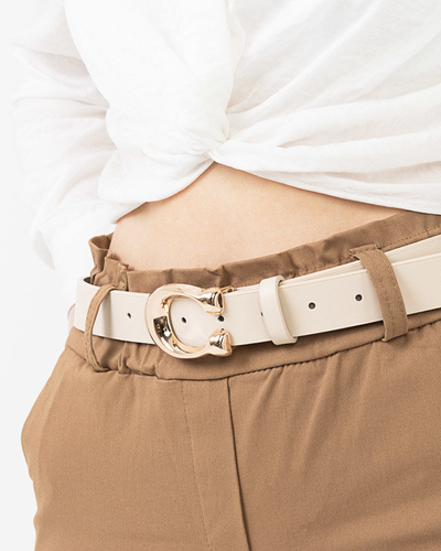 Beige women's belt with a gold "C" buckle - Accessories