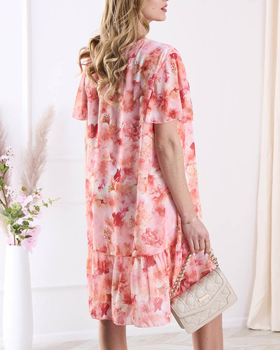 Women's knee-length dress with print and frill in orange- Clothing