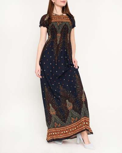 Patterned navy blue women's maxi dress - Clothing