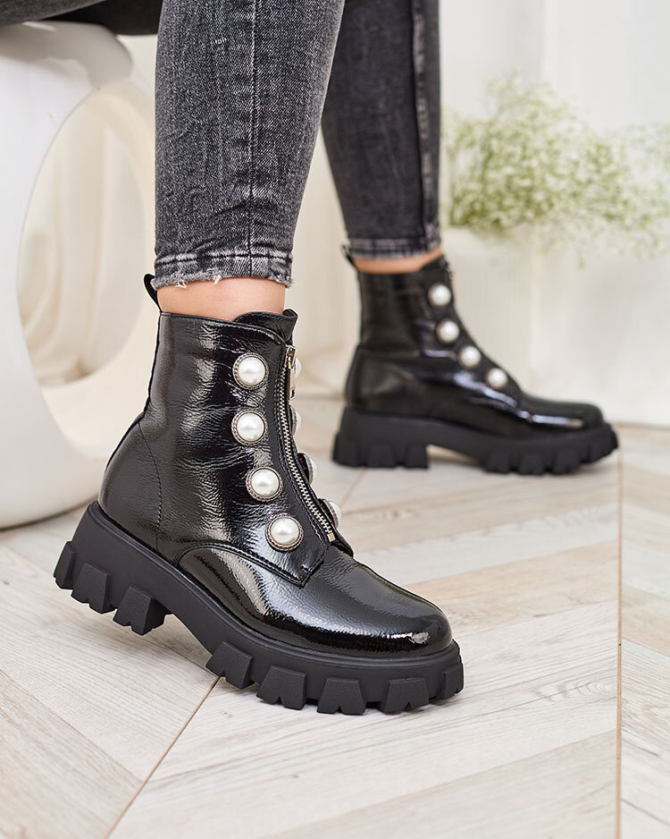 Royalfashion Черные женские лакированные жемчужные сапоги Asiciu