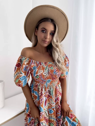 Orange short women's dress with open shoulders - Clothing