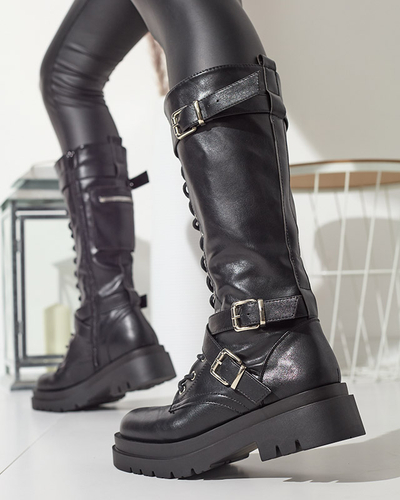 Black worker boots with decorative stripes on the upper. Imielin - Footwear