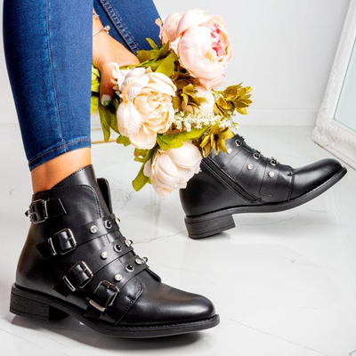 Czarne workery z cyrkoniami i perełkami Leonora - Obuwie