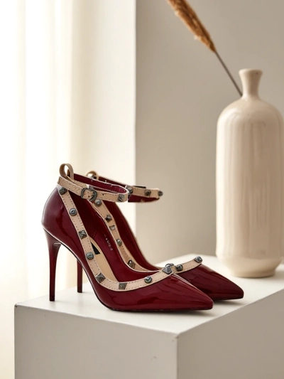 Royalfashion patent ādas sieviešu stiletto papēži ar kniedēm Qoscalle