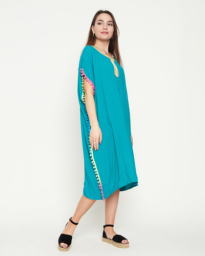Women's green summer beach tunic with pompoms - Clothing
