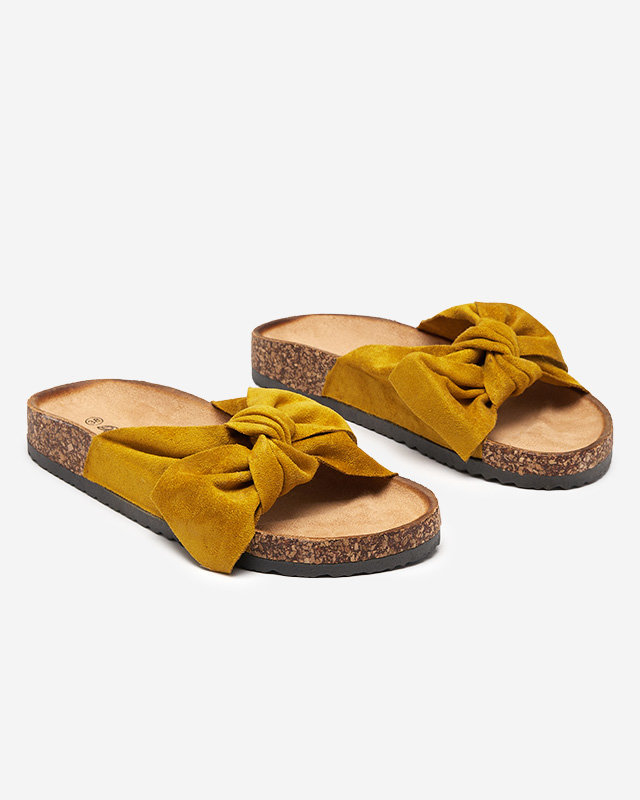 Royalfashion Mustard women's eco-suede flip-flops with bow Maqelia
