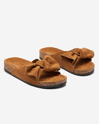 Women's eco-suede slippers with a bow in a camel color Dofro- Footwear