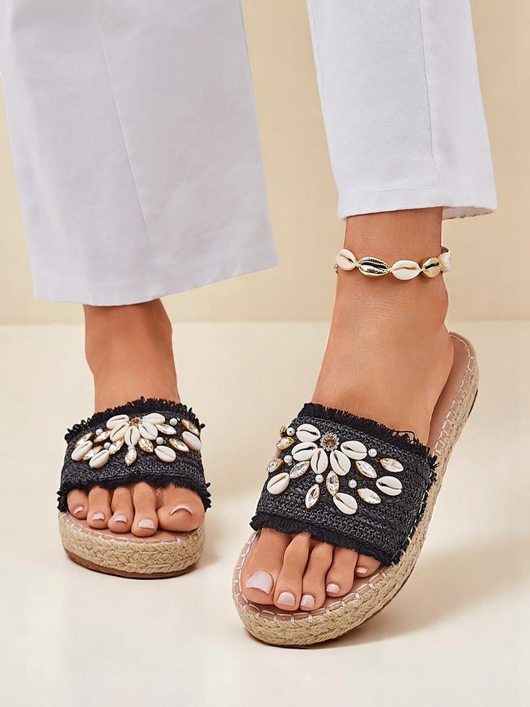 Sandały damskie Royalfashion Helena Decor czarne espadryle mit mushelkami