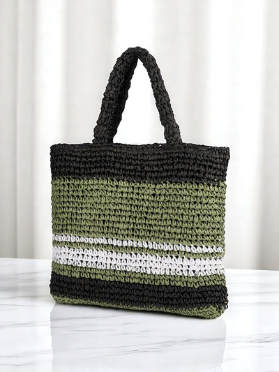 Large Parisian-striped straw women's bag
