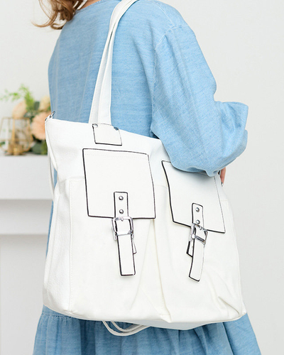 Women's white shopper bag with decorative pockets - Accessories