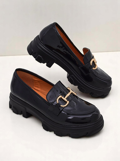 Royalfashion Patent Leather Women's Loafers with Decoration Black Velvet