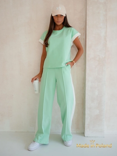Women's Ariadne Mint Set made of elastic cotton - mint, short sleeves, long trousers