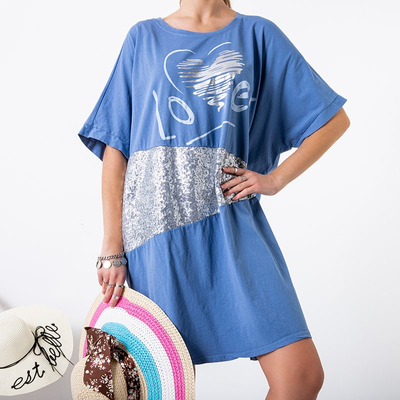 Blue women's tunic with silver oversize decorations - Clothing