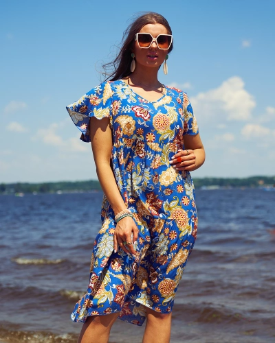 Royalfashion Cobalt women's dress with colorful floral pattern