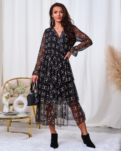 Royalfashion Melna sieta midi kleita ar apdruku