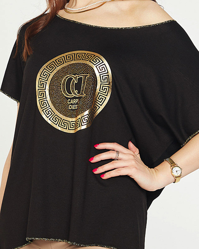 Black women's t-shirt with gold print and cubic zirconia - Clothing