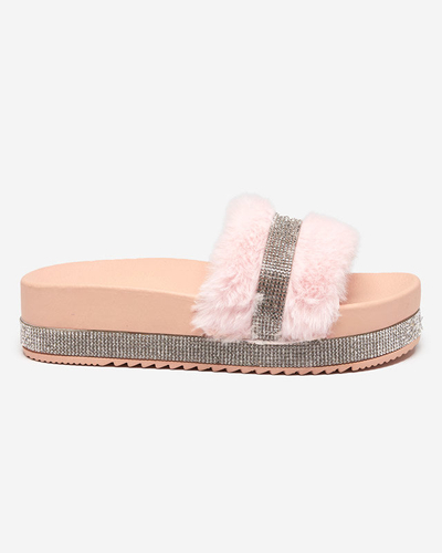 Pink women's slippers with fur and cubic zirconia Zerika - Footwear