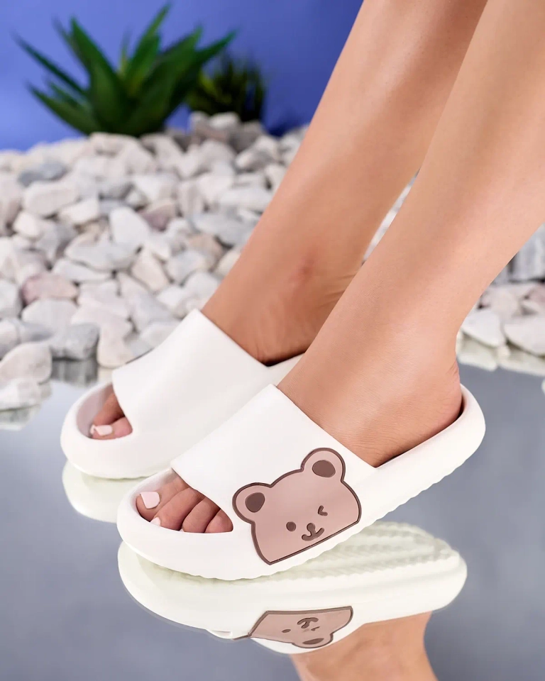 Royalfashion White women's rubber flip-flops with teddy bear Leverika