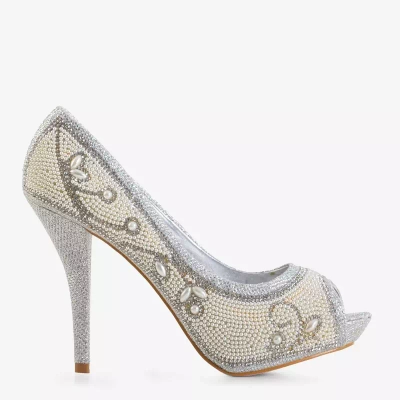 OUTLET Sudraba sieviešu brokāta stiletu pumpas ar Belisa ornamentiem - Apavi