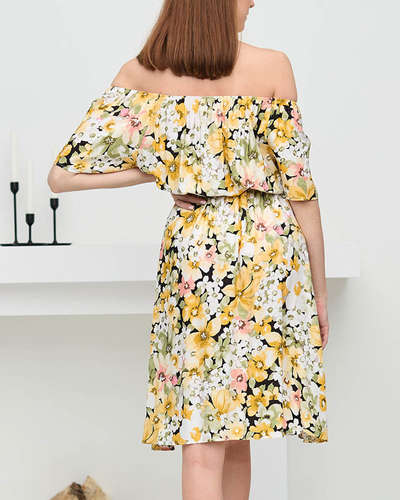 Yellow knee-length dress with a multicolored floral pattern - Clothing