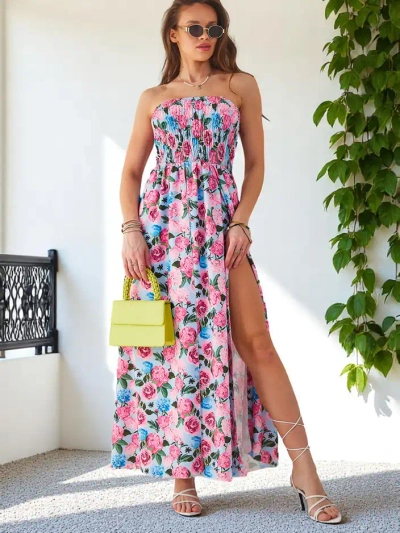 Royalfashion Patterned women's midi dress without sleeves, featuring a wide elastic band and slits at the bottom