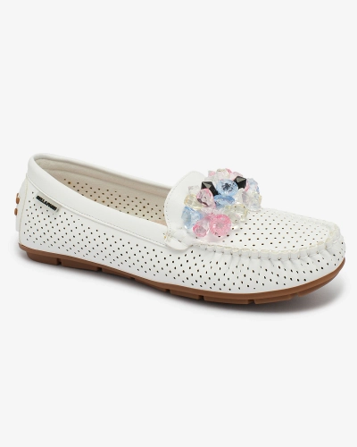 Royalfashion Women's openwork white moccasins with decorative crystals Cizzas