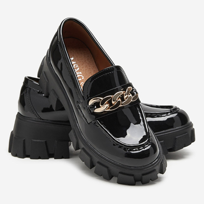 OUTLET Women's black lacquered slip on shoes with a chain Guinewra - Footwear