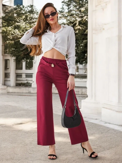 Royalfashion Cotton wide women's pants with a belt-like decoration